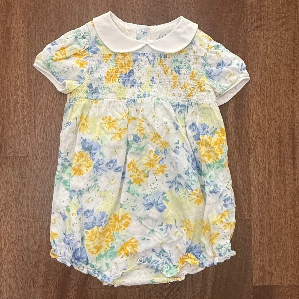 Janie and Jack Floral Smocked Bubble Romper Peter Pan Collar Blue Yellow 12-18M